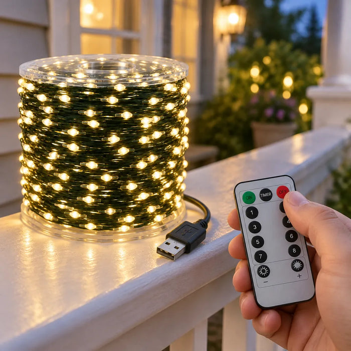 Main tenant la télécommande près d'une guirlande de Noël allumée sur une rampe