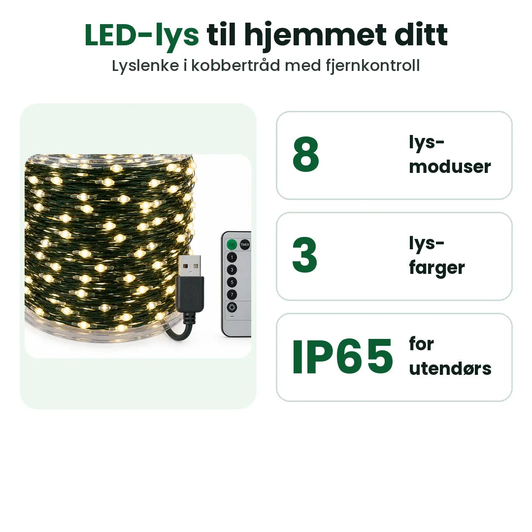 LED-lyslenke til jul med 8 moduser, 3 farger og IP65-klassifisert tråd
