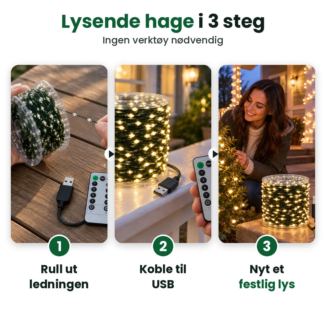 Tre steg: rull ut, koble til USB, nyt LED-julelysene