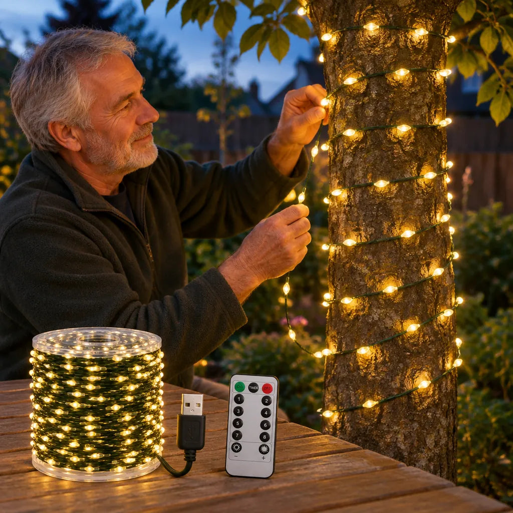 Man wrapping warm white outdoor Christmas lights around a garden tree trunk