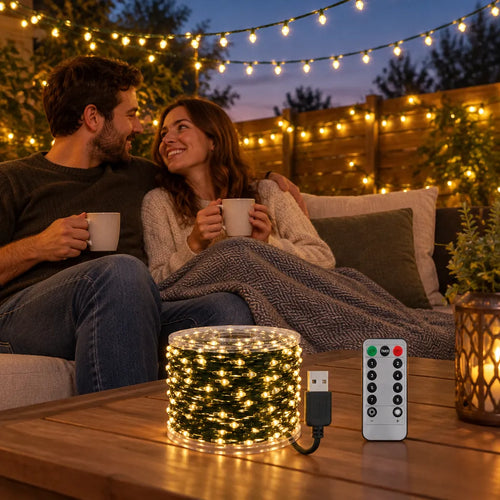 Couple qui se détend sur une terrasse sous des guirlandes LED blanc chaud au crépuscule
