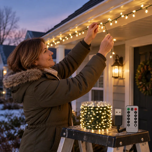 Femme qui installe des lumières de Noël LED le long de la ligne de toit de son balcon