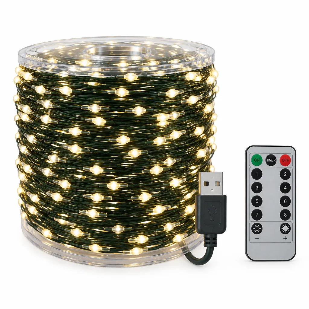 Outdoor LED Christmas string lights on a clear reel with a USB plug and remote