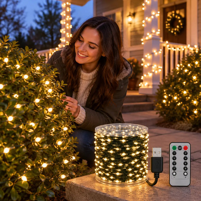 Femme souriante devant des lumières de Noël LED allumées sur un balcon et des arbustes
