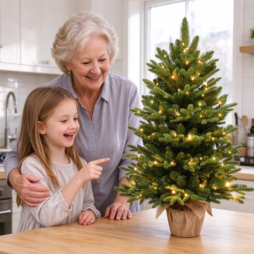 Grandmother and girl admiring a small Christmas tree with lights on a kitchen counter
