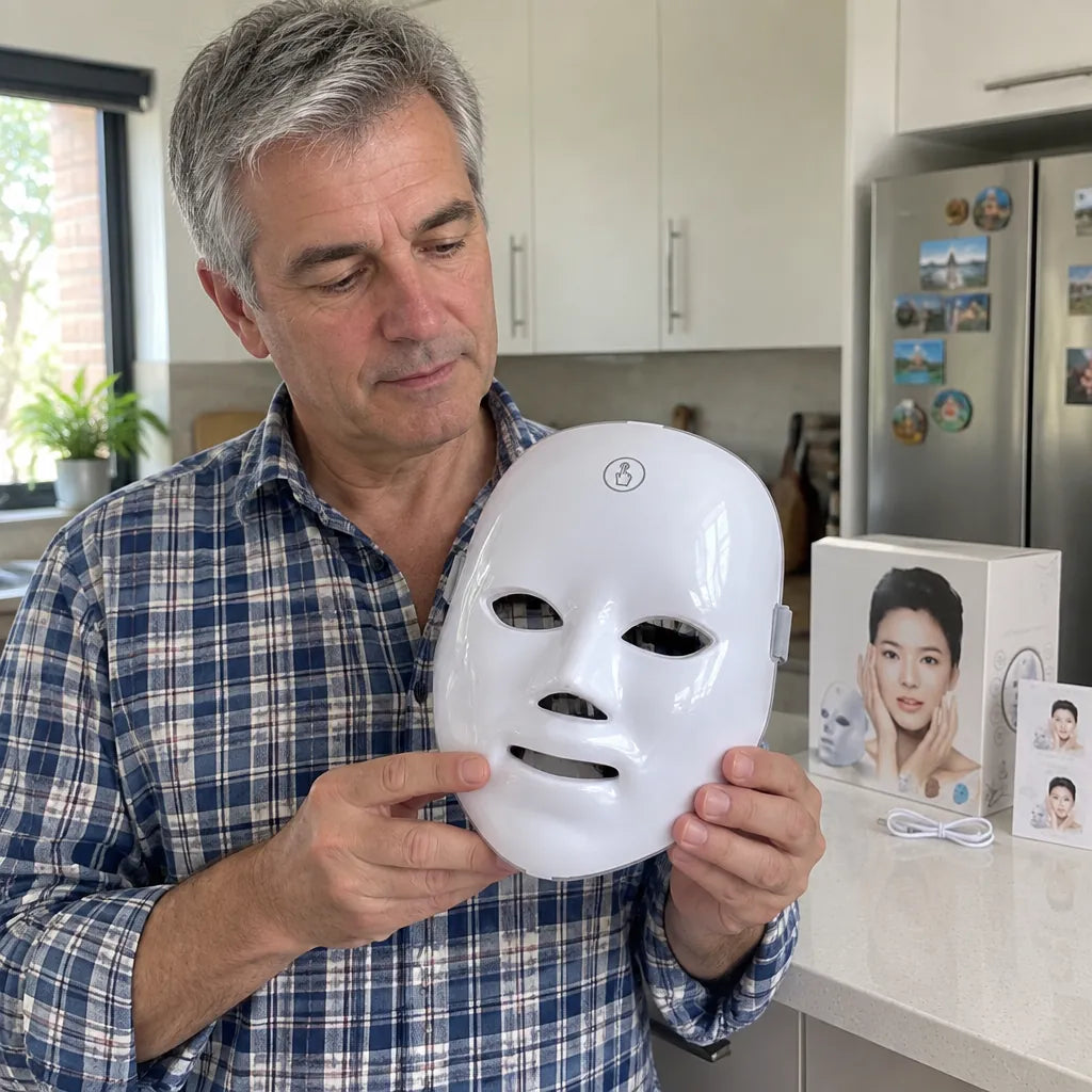 Man holding a white LED face mask in both hands to show its face size