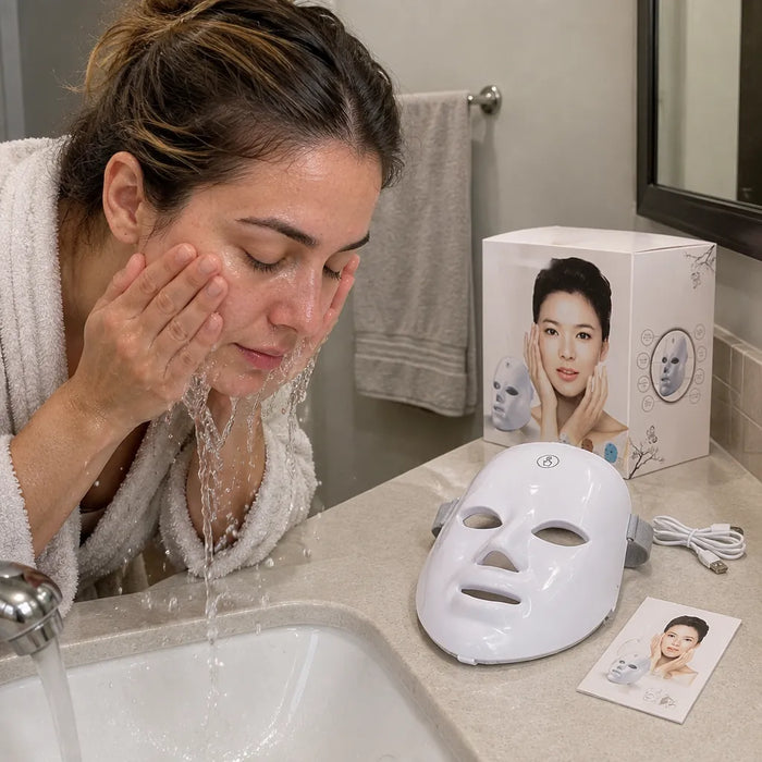 Frau wäscht ihr Gesicht am Lavabo, bevor sie die LED Maske benutzt