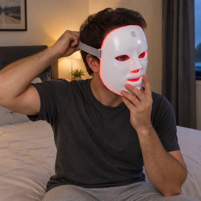 Mann zieht das Kopfband einer roten LED Maske über den Kopf