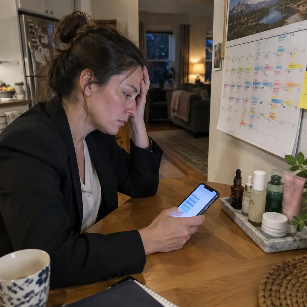 Müde Frau schaut auf einen vollen Kalender und eine Buchungs-App neben ihren Hautpflegeprodukten