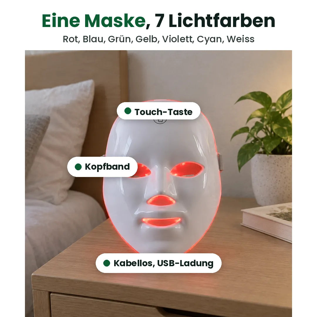 LED Maske mit 7 Lichtfarben, Touch-Taste, Kopfband und USB-Ladung beschriftet