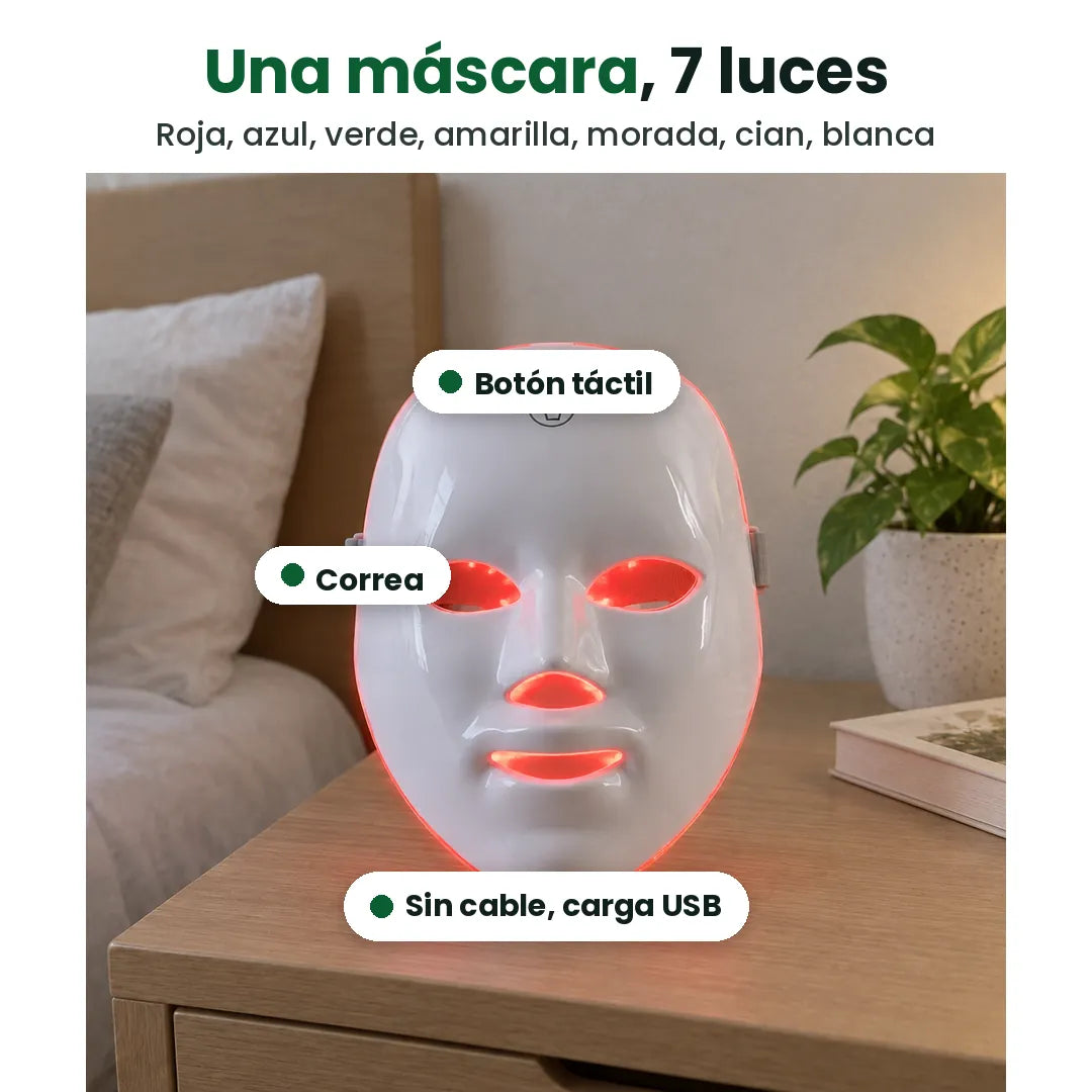 Máscara LED con 7 luces, botón táctil, correa y carga USB señalados