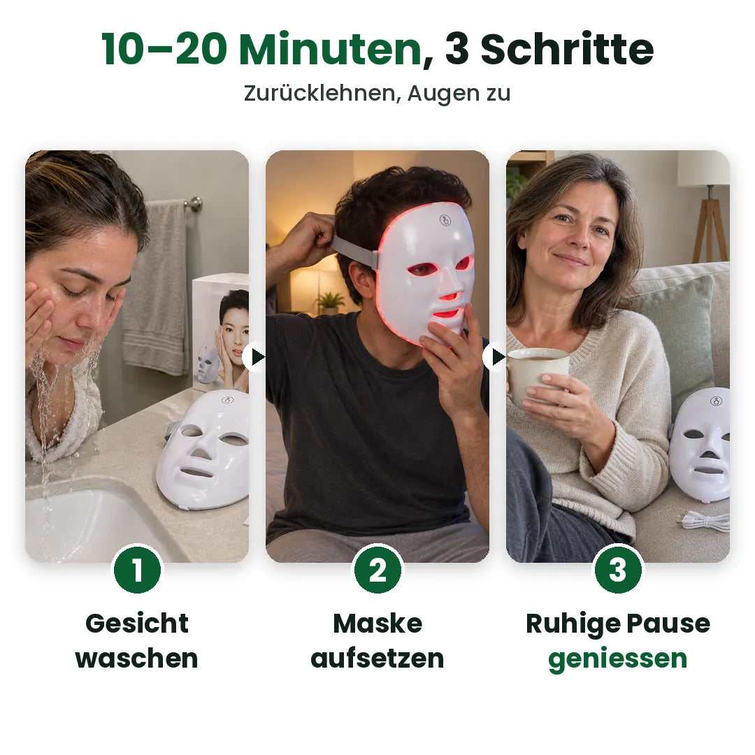 Drei Schritte mit der LED Gesichtsmaske: Gesicht waschen, Maske aufsetzen, Pause geniessen