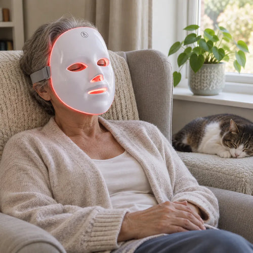 Frau um die 60 entspannt im Sessel mit einer Rotlicht Maske, Katze auf dem Hocker