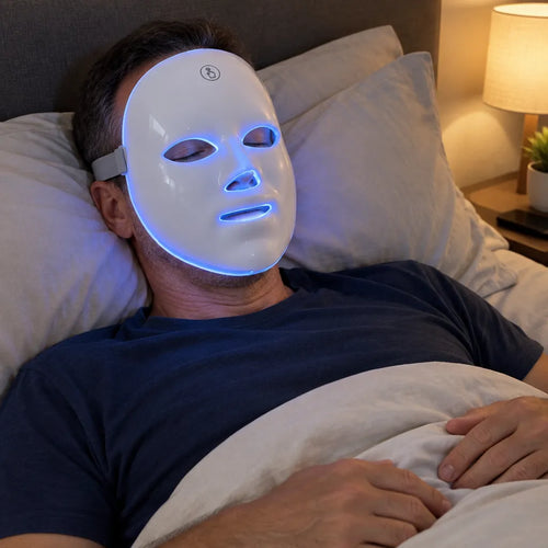 Mann liegt abends im Bett mit einer LED Maske im blauen Licht