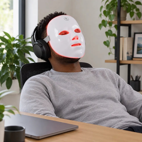 Mann mit Kopfhörern macht am Schreibtisch Pause mit roter LED Maske