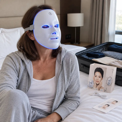 Frau auf dem Hotelbett mit kabelloser LED Maske im blauen Licht, Koffer offen