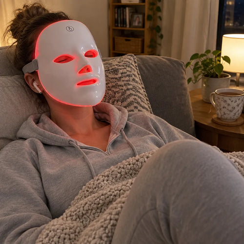 Frau im Hoodie mit LED Maske auf dem Sofa am Abend, Tee auf dem Beistelltisch