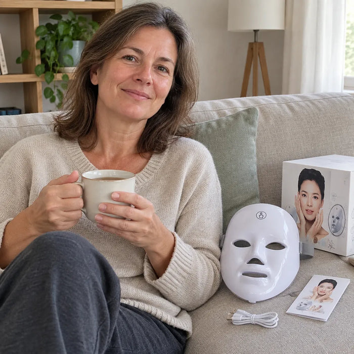 Lächelnde Frau mit Tee auf dem Sofa nach der Sitzung mit der LED Gesichtsmaske