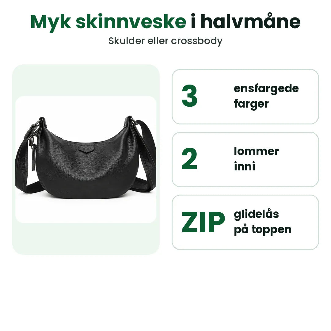 Myk skulderveske i skinn med tre farger, to lommer inni og glidelås på toppen