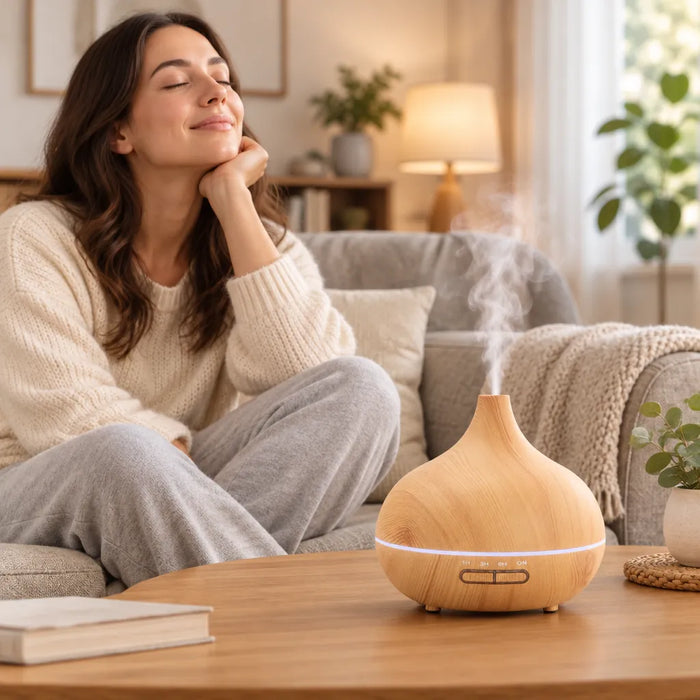 Woman relaxing on a sofa beside a misting essential oil diffuser