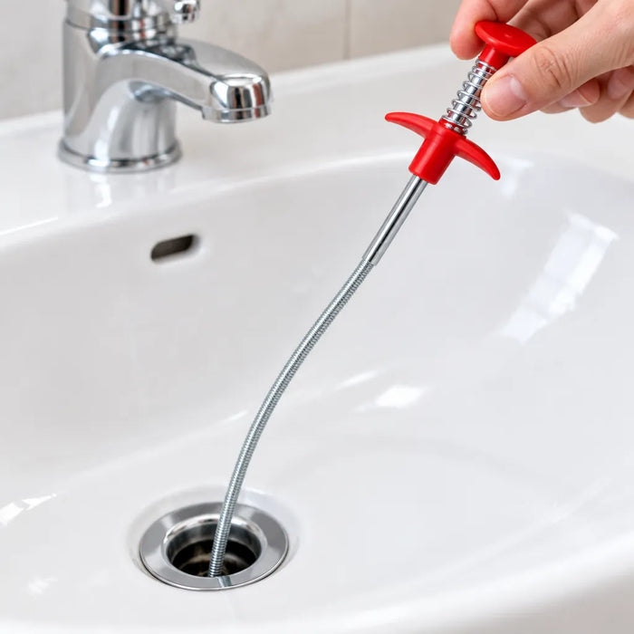 Hand feeding the drain snake coil into a bathroom sink drain