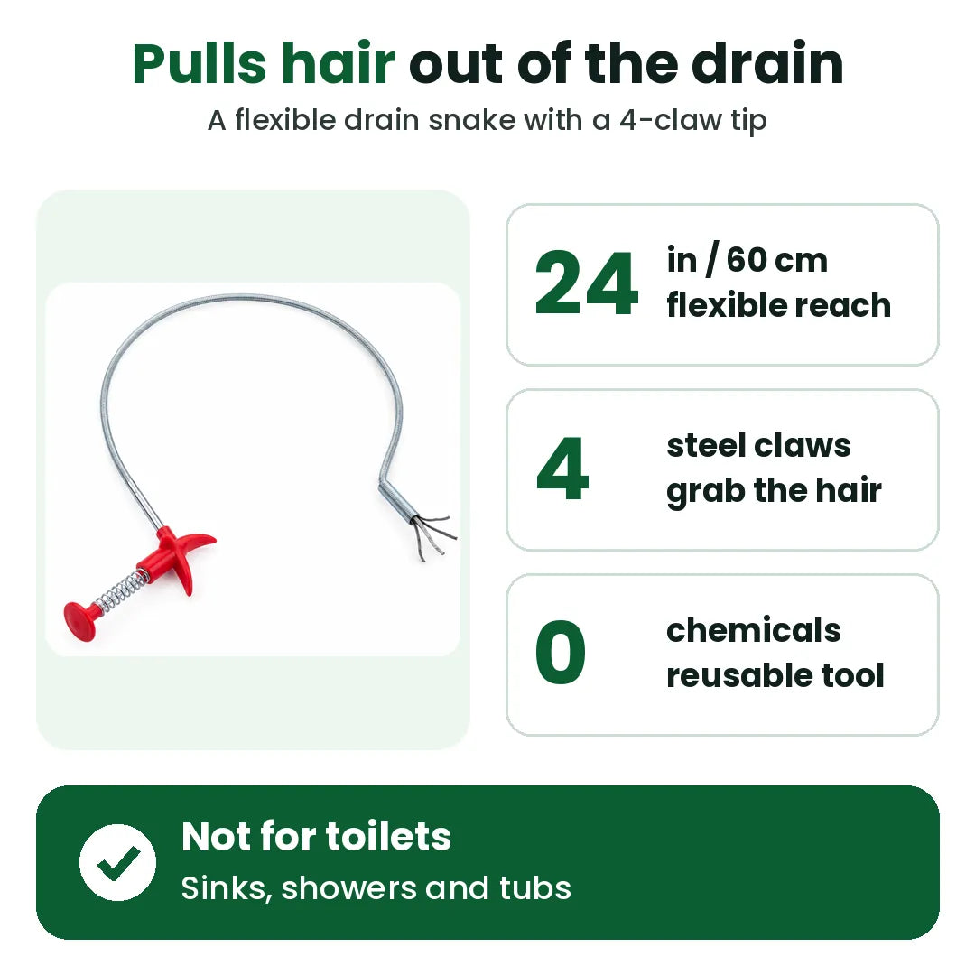 Drain snake features: 24 in reach, 4 steel claws, no chemicals, not for toilets