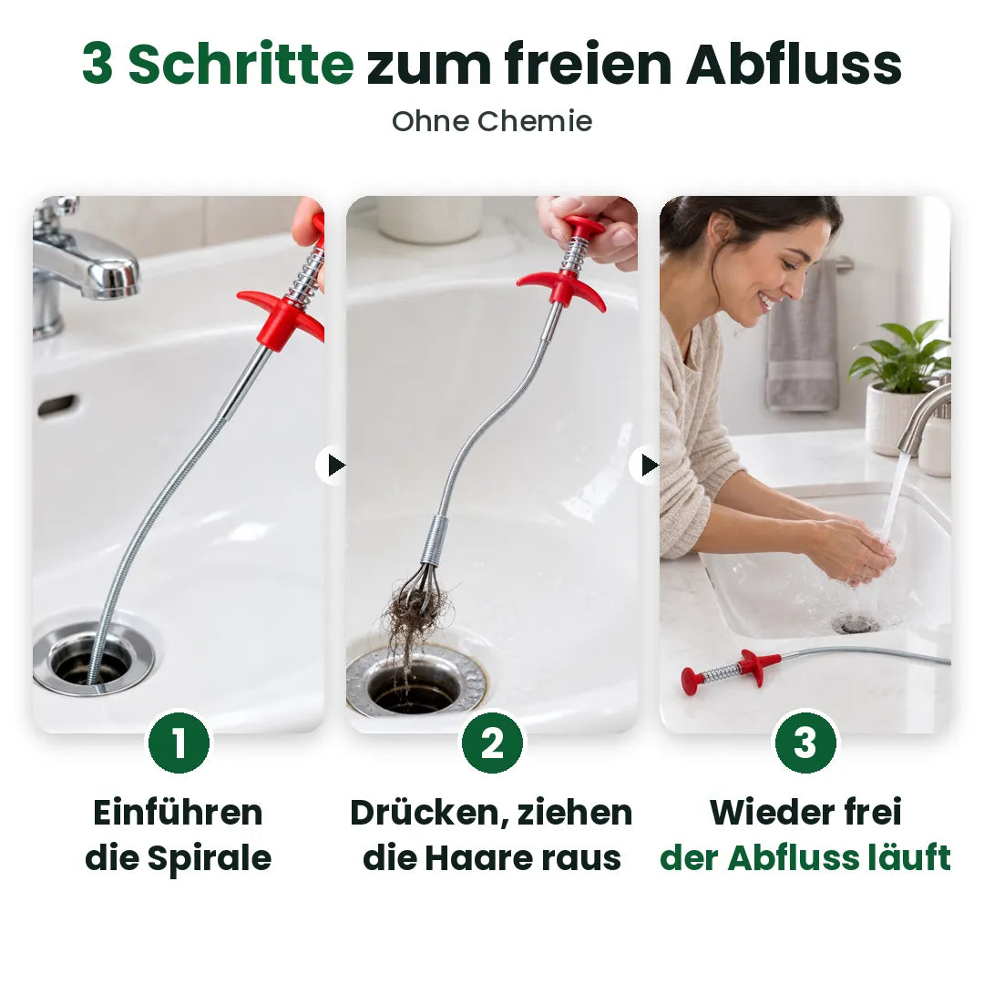 Abflussspirale in 3 Schritten: einführen, drücken und Haare herausziehen