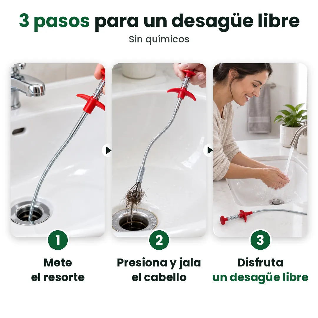 Cómo usar el destapa caños en 3 pasos: mete el resorte, presiona y jala el cabello