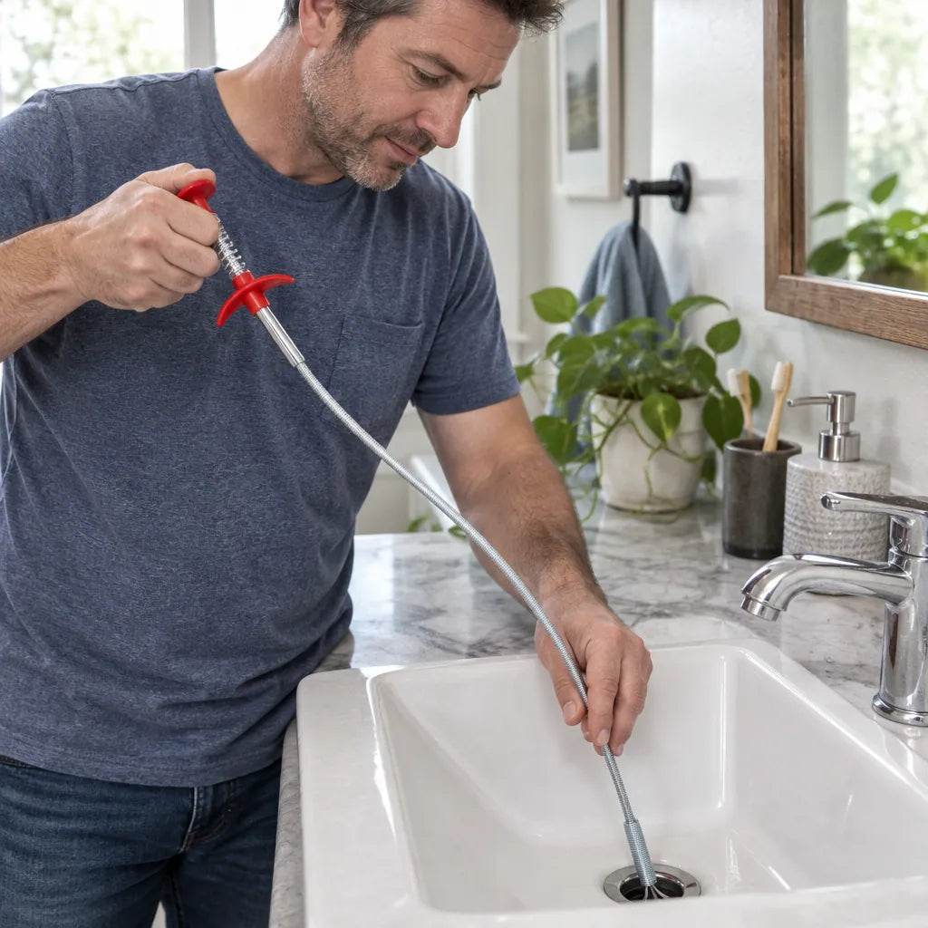 Man using a drain snake to clear hair from a bathroom sink drain