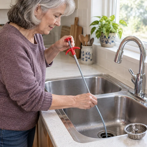 Older woman using a drain snake in a kitchen sink drain