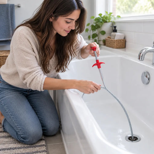 Woman using a drain snake on a bathtub drain to remove hair