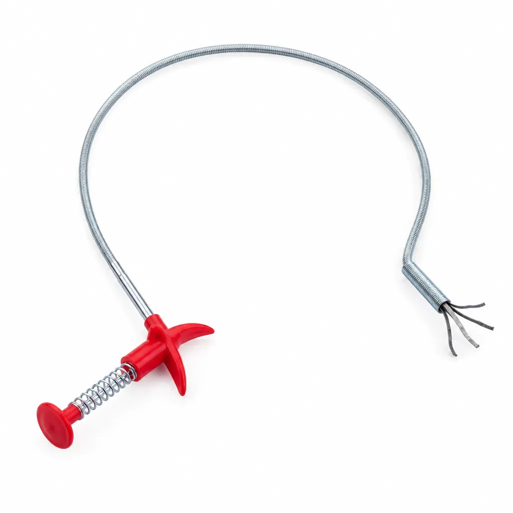 Drain snake with red handle, flexible steel coil and 4-claw tip on a white background