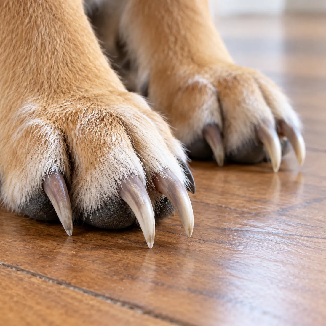 Primer plano de las uñas largas de un perro sobre un piso de madera