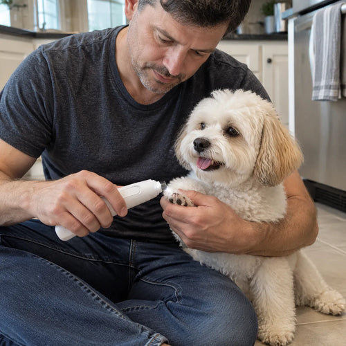 Hombre usando un cortaúñas para perros en un perro blanco en la cocina