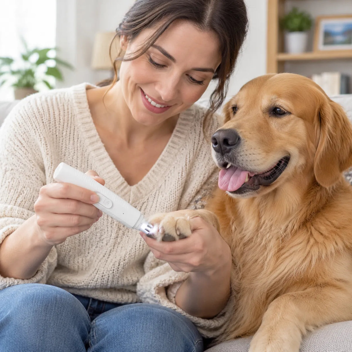 Woman using an electric dog nail trimmer on her golden retriever on the sofa
