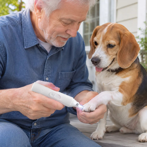 Hombre limando las uñas de un beagle con un cortaúñas en el porche