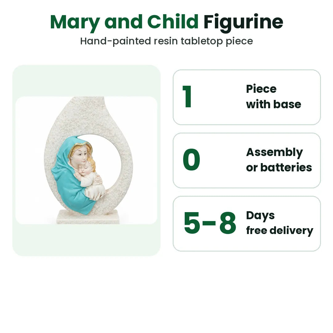 Virgin Mary and Child resin figurine with its main details listed