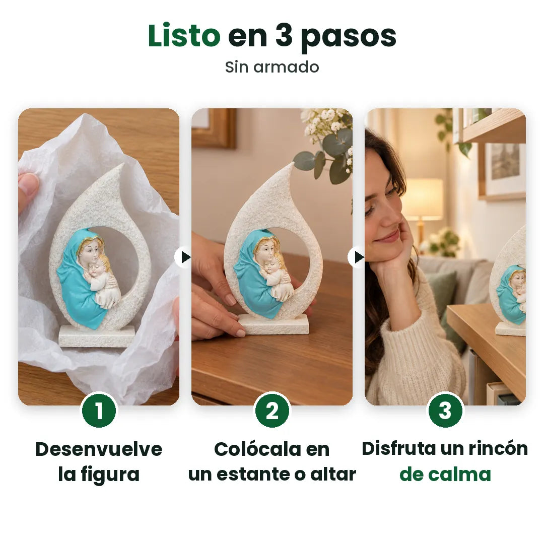Tres pasos para colocar una estatua de la Virgen María: desenvolver, colocar, disfrutar