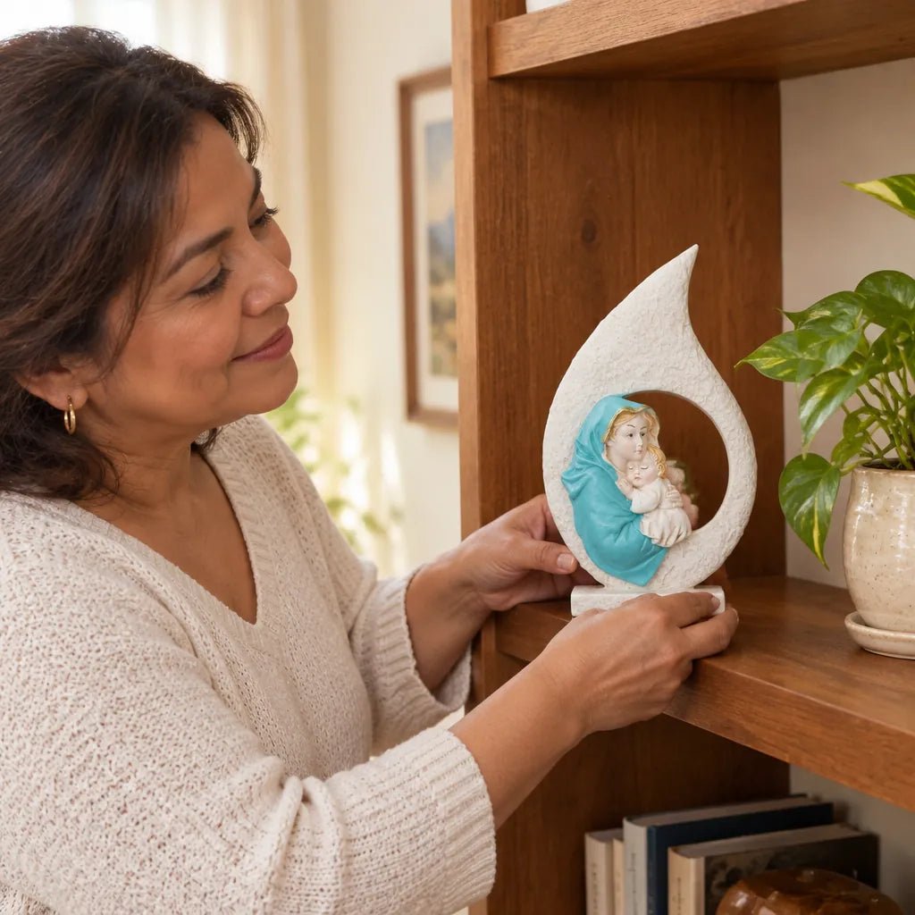Woman placing a Virgin Mary statue on a wooden living room shelf