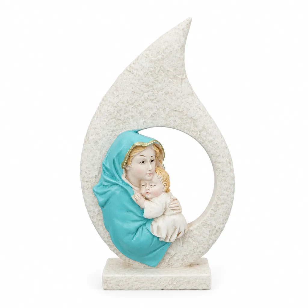 Virgin Mary statue holding Baby Jesus in a teardrop frame on a white background