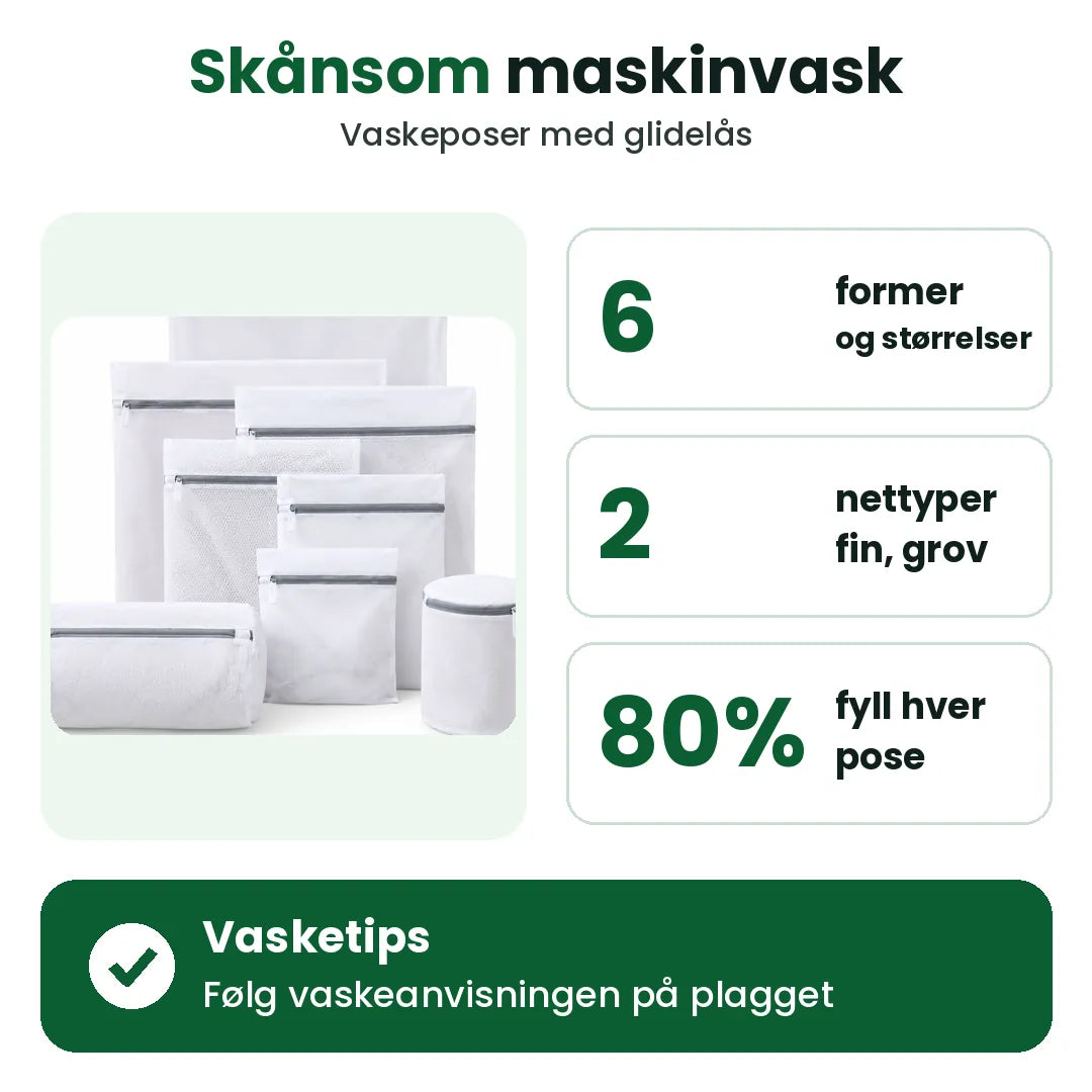 Sett med vaskeposer med størrelser, nettyper og vasketips for maskinvask