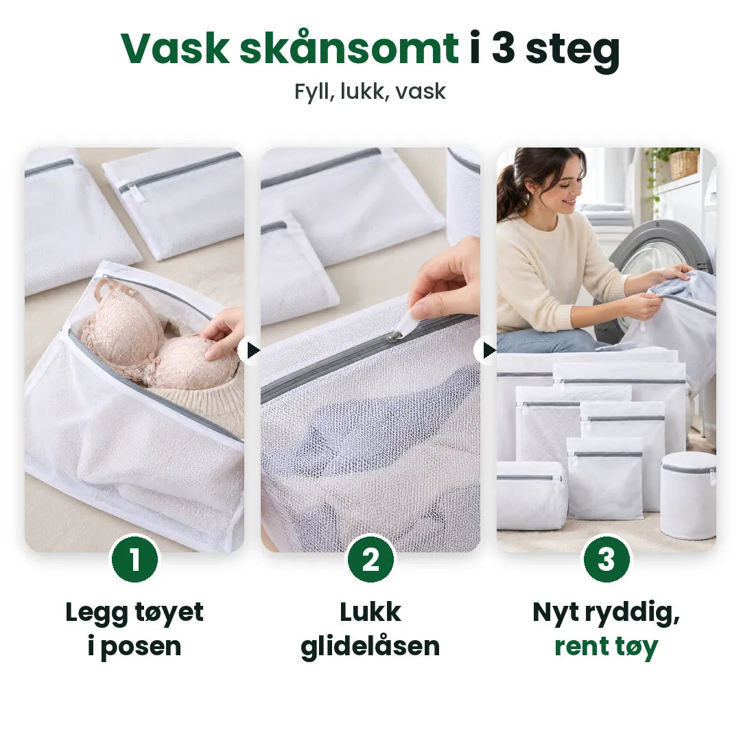 Tre steg: fyll vaskeposen, lukk glidelåsen og vask klærne