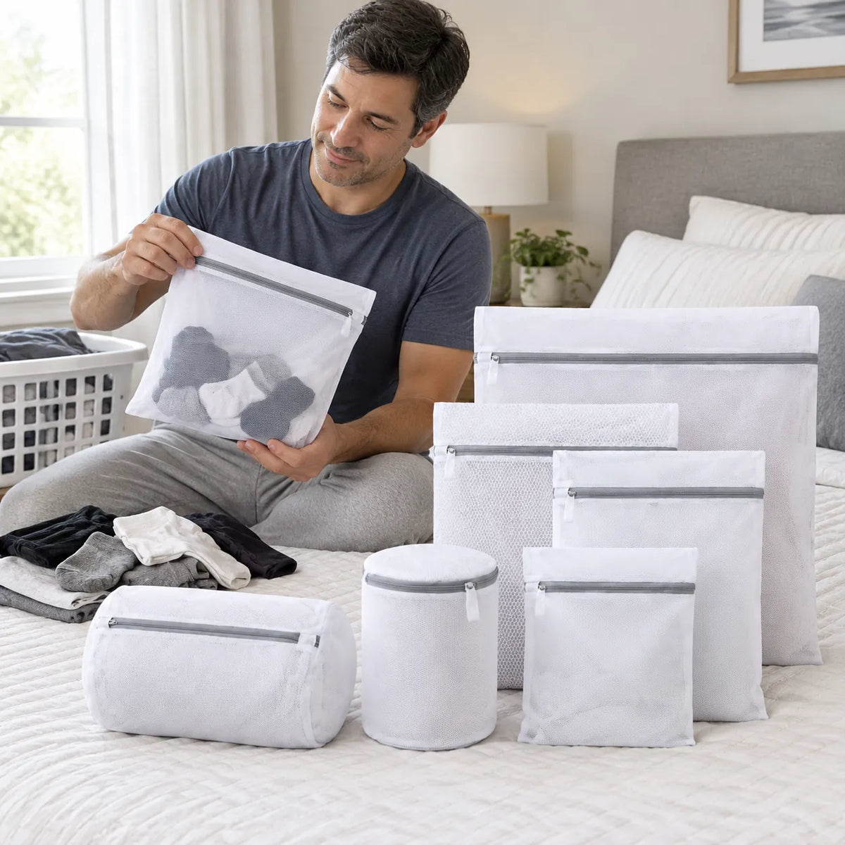 Man holding a zipped mesh wash bag with socks and underwear on a bed