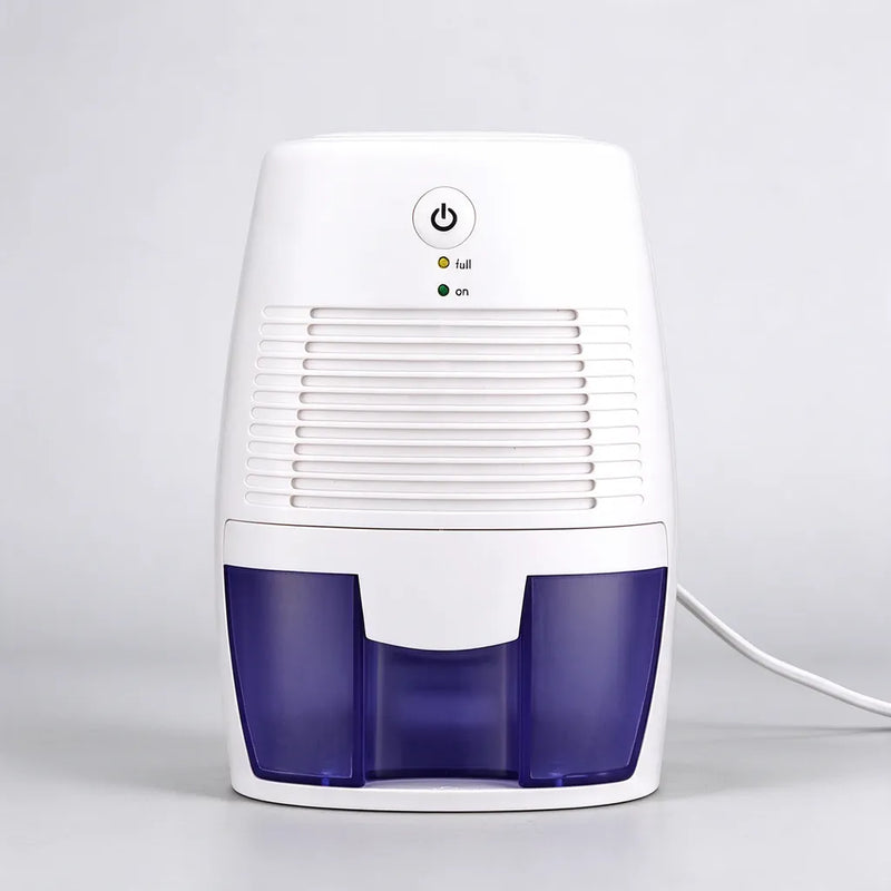 Mini dehumidifier in white with a blue-purple water tank