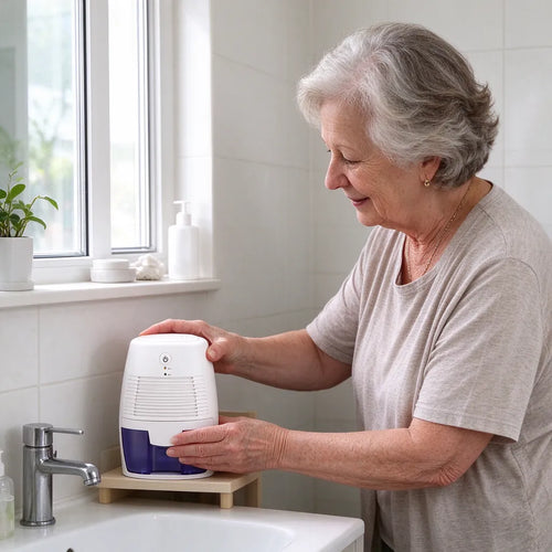 Older woman placing a small dehumidifier on a bathroom shelf