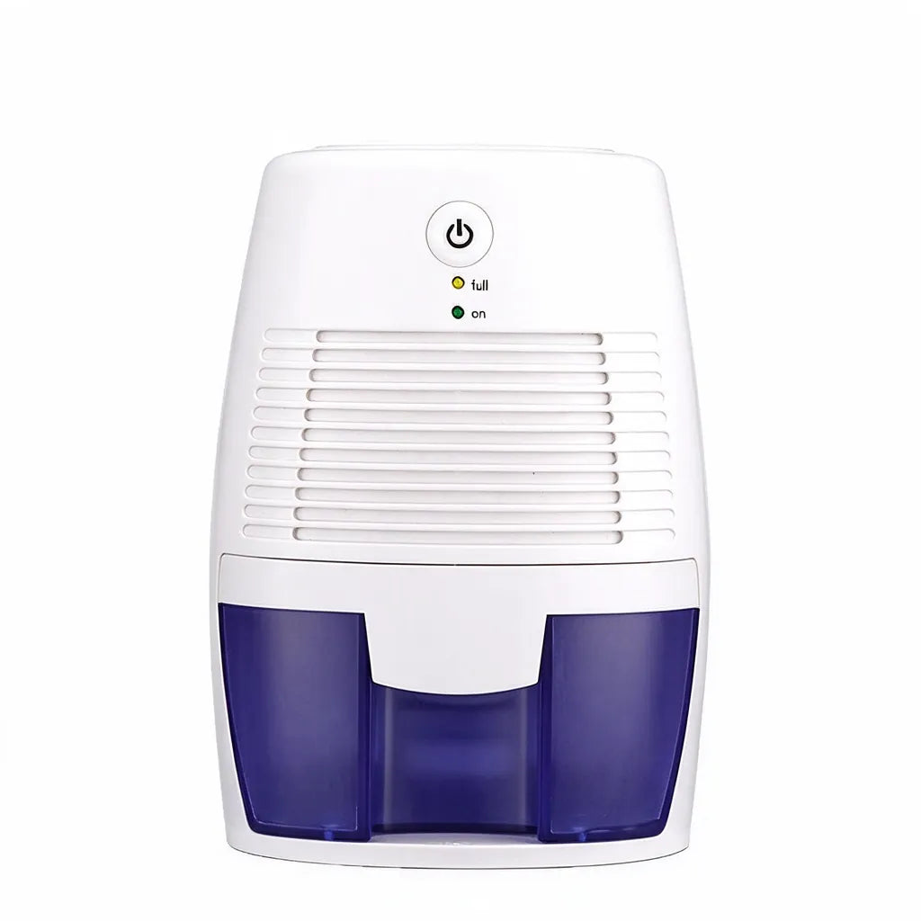 White mini electric dehumidifier with blue-purple tank on white background