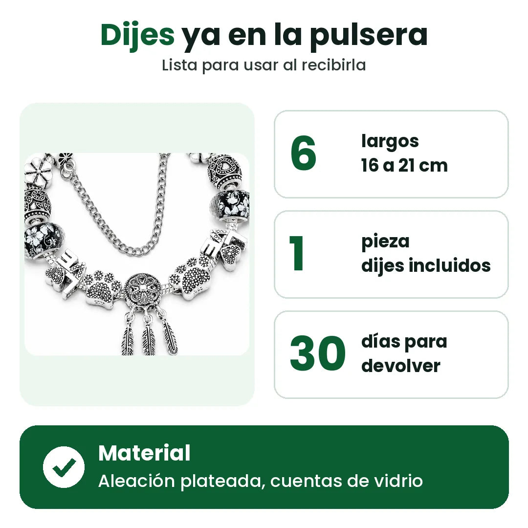 Pulsera plateada con dijes ya colocados, seis largos de 6.3 a 8.3 pulgadas