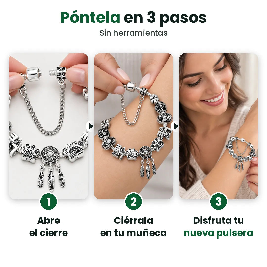 Tres pasos para ponerte una pulsera plateada con dijes: abrir el cierre, cerrarla y lucirla