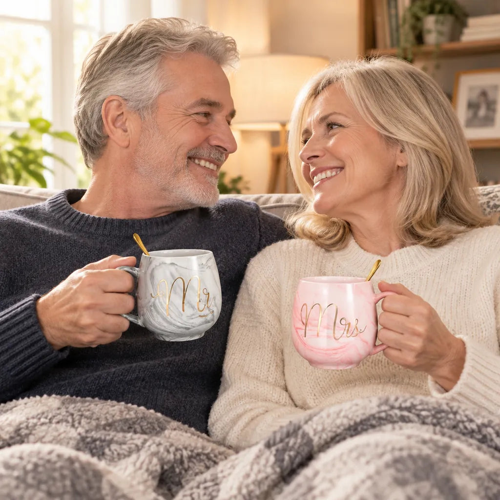 Older couple on the sofa with matching Mr and Mrs mugs, a cosy gift for couples