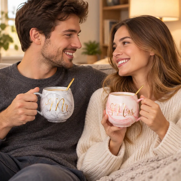 Happy couple sharing a warm drink from matching Mr and Mrs marble mugs at home